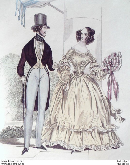 Gravure de mode Costume Parisien 1838 n°3588 Robe Lévantine costume homme