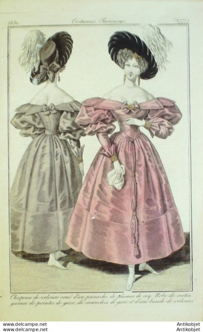 Gravure de mode Costume Parisien 1830 n°2777 Robe satin pointes de gaze