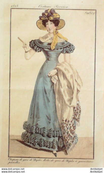 Gravure de mode Costume Parisien 1823 n°2185 Robe et chapeau gros de Naples