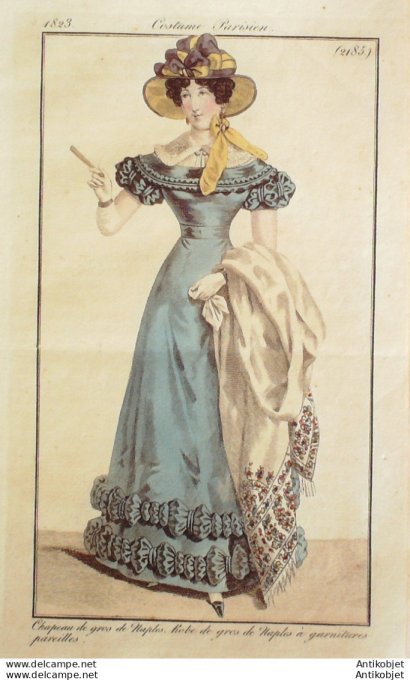 Costume Parisien 1823 # 2185 Robe et chapeau gros de Naples