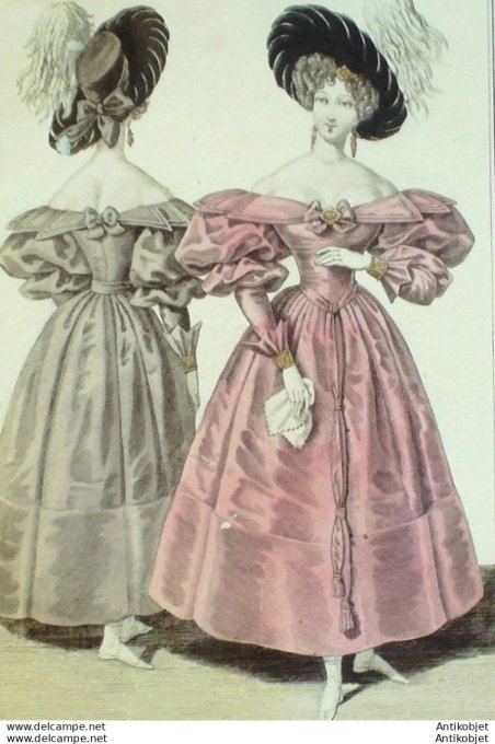 Gravure de mode Costume Parisien 1830 n°2777 Robe satin pointes de gaze