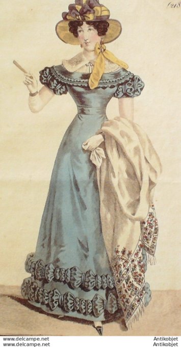 Gravure de mode Costume Parisien 1823 n°2185 Robe et chapeau gros de Naples