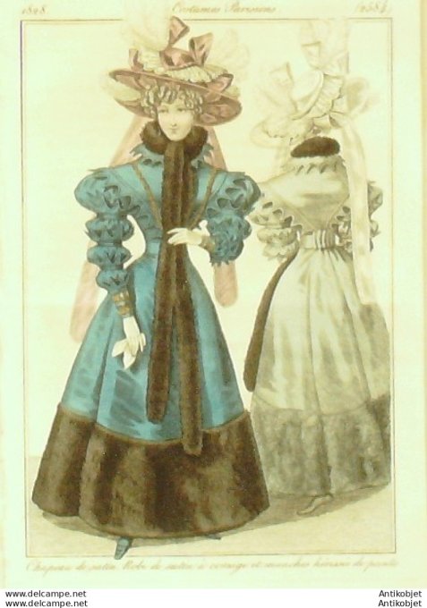 Costume Parisien 1828 # 2584 Robe de satin à corsage et manches
