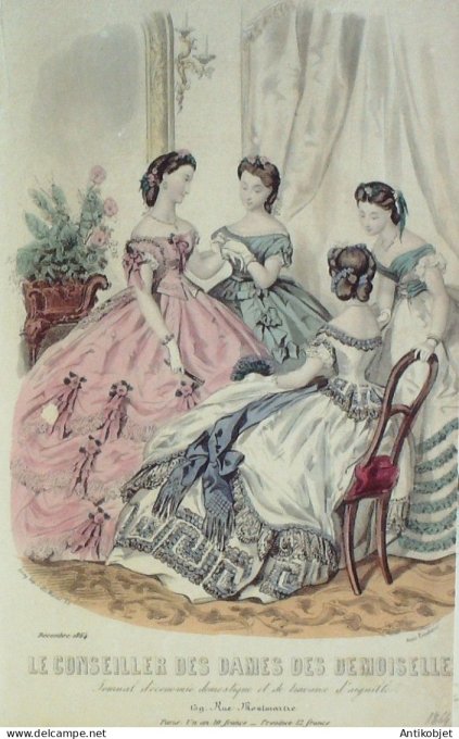 Gravure Mode Conseiller des Dames 1864 # 12 (aquarellee Old Fashion plate)