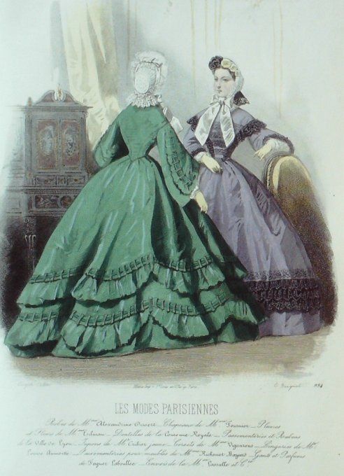 Gravure Les Modes Parisiennes 1862 # 994 Robes satin Maison Dissert