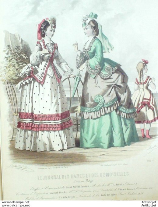 Gravure Mode J.Dames & Demoiselles 1862 # 965 (Old Fashion plate)
