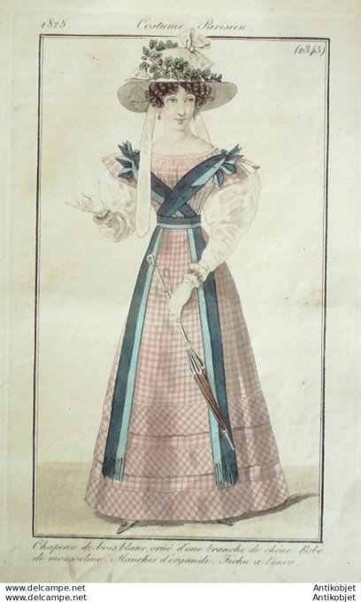 Gravure de mode Costume Parisien 1825 n°2345 Robe mousseline fichu à l'inca