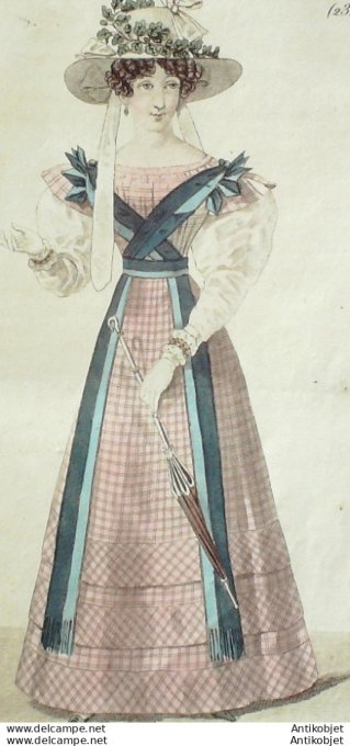 Gravure de mode Costume Parisien 1825 n°2345 Robe mousseline fichu à l'inca