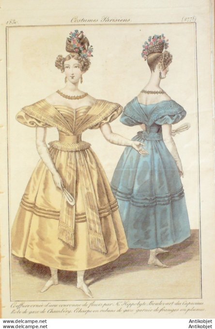 Gravure de mode Costume Parisien 1830 n°2778 Robe de gaze de Chambéry  écharpe