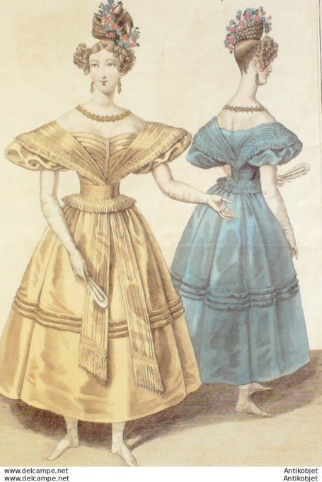 Gravure de mode Costume Parisien 1830 n°2778 Robe de gaze de Chambéry  écharpe