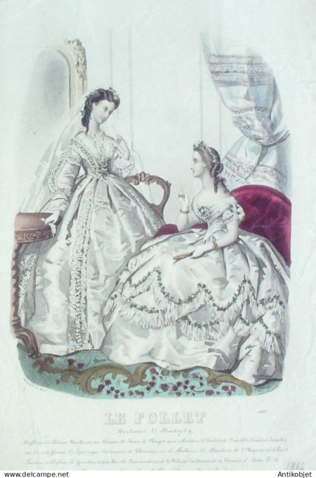 Gravure Mode Le Follet 1864 # 2401 (aquarelle Old Fashion plate)