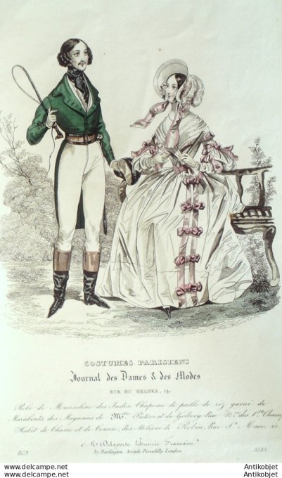 Gravure de mode Costume Parisien 1838 n°3589 Robe mousseline des Indes