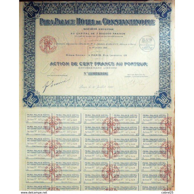PERA PALACE HOTEL de CONSTANTINOPLE-TURQUIE-ACTION-100 FR-1922