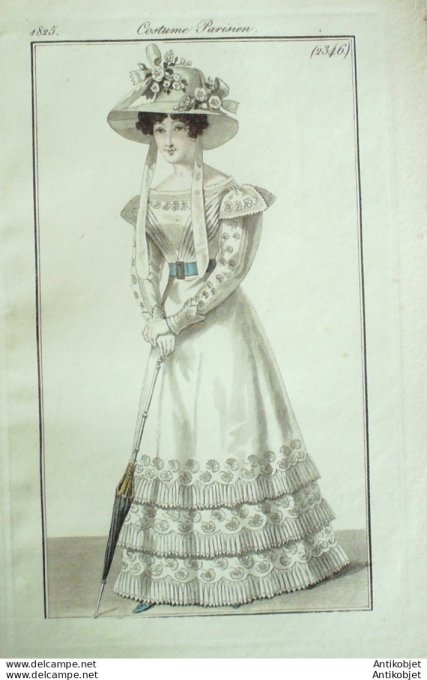 Gravure de mode Costume Parisien 1825 n°2346 Robe mousseline brodée