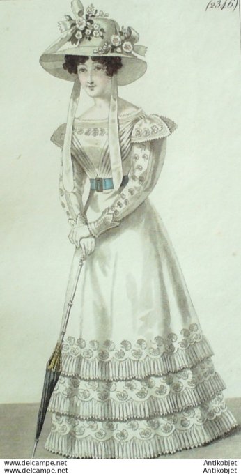 Gravure de mode Costume Parisien 1825 n°2346 Robe mousseline brodée