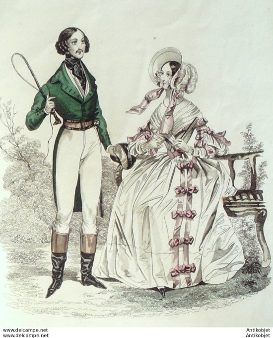 Gravure de mode Costume Parisien 1838 n°3589 Robe mousseline des Indes