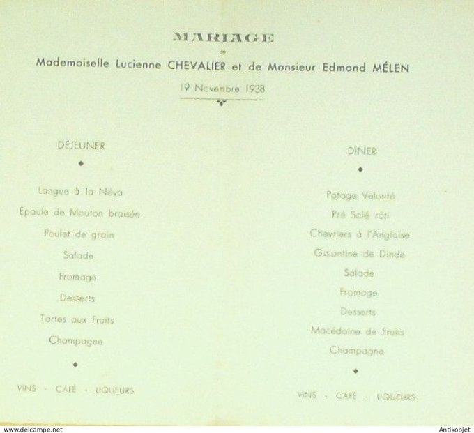 Menu de noce illustre 1938