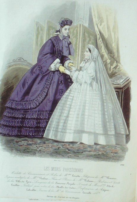 Gravure Les Modes Parisiennes 1862 # 998 Robes satin Maison Leriche