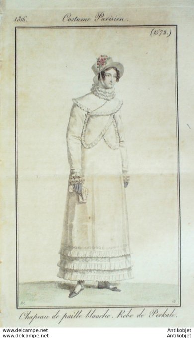 Gravure de mode Costume Parisien 1816 n°1572 Robe perkale