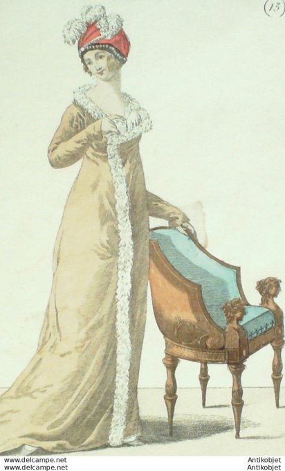 Gravure de mode Costume Parisien 1802 n° 13 (An 10) Bonnet turban orné de perles