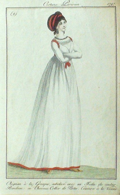 Gravure Mode Costume Parisien 1797 an  5 #   9 (eau forte old Fashion plate