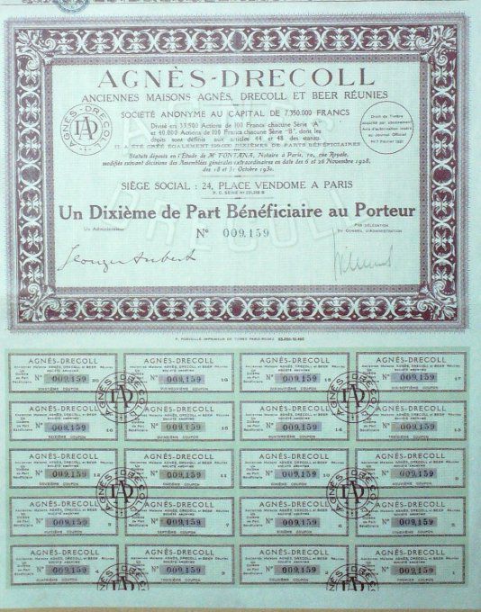 Titre Action AGNES DRECOLL et BEER REUNIS 100 Francs 1928