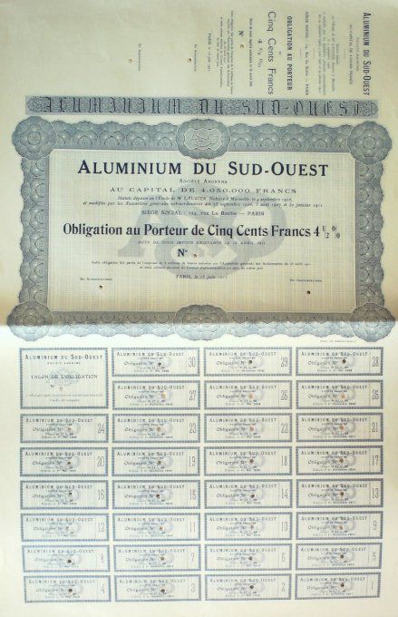 Titre Emprunt ALUMINIUM du SUD OUEST MARSEILLE (13) 500 Francs 1911