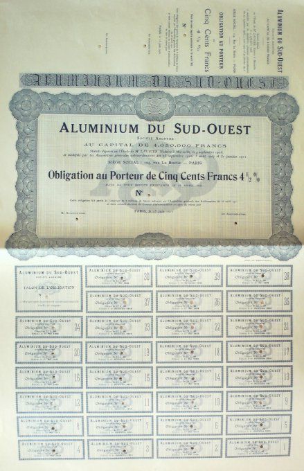 Aluminium du Sud Ouest Marseille (13) emprunt 500 Fr 1911