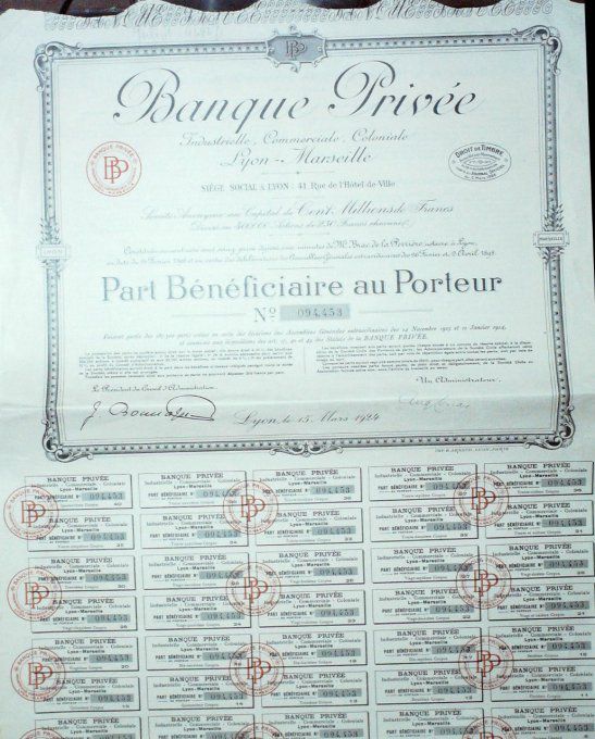 Titre Action Banque PRIVEE MARSEILLE (13) LYON (69) 250 Francs 1924