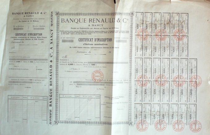 Titre Action BANQUE RENAUD NANCY (54) 500 Francs 1904