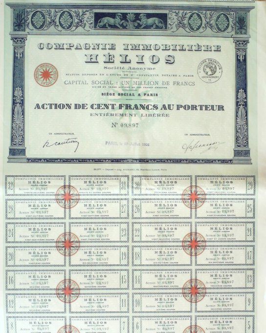 Hélios Cie Immobiliere  Paris action 100 Fr 1926