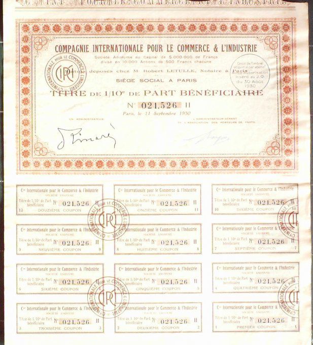 C.I.P.C.I. Commerce & L'industrie Cie action 500 Fr Paris 1930