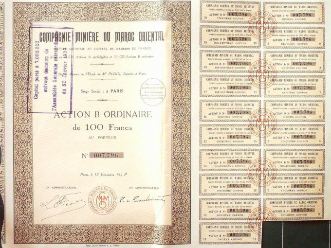 Minière du Maroc Oriental Cie action 100 Fr 1928