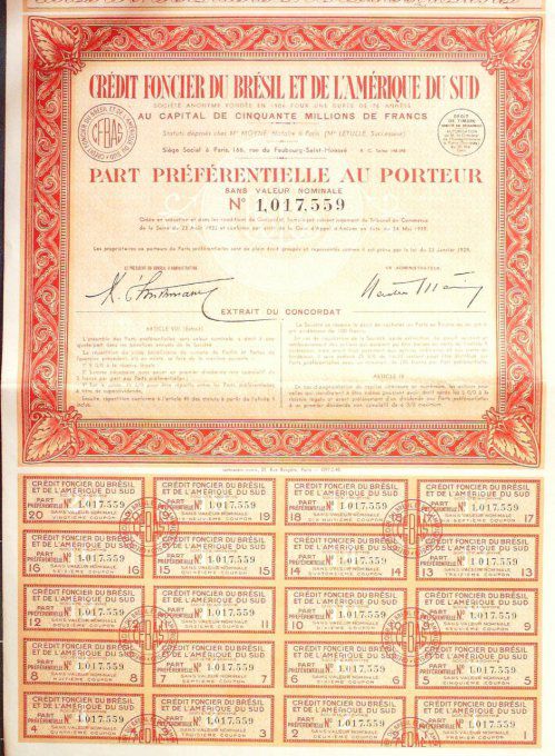 CREDIT FONCIER du BRESIL et de l'AMERIQUE du SUD-OBLIGATION-350 FR-1939