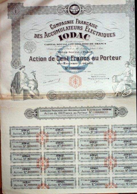 IODAC Accumulateurs Electriques Iodac Cie Française action 100 Fr 1928