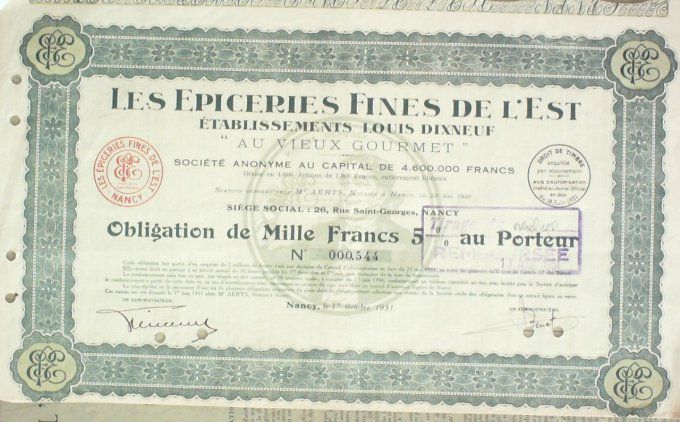 Epiceries Fines de l'Est Louis Disneuf  Ets Nancy (54)  Emprunt 1000 Fr 1931