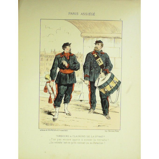 DRANER-TAMBOURS & CLAIRONS-LITHO signée-PARIS ASSIEGE-1870