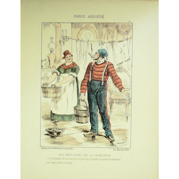 DRANER-REFUGIES de BANLIEUE-LITHO signée-PARIS ASSIEGE-1870