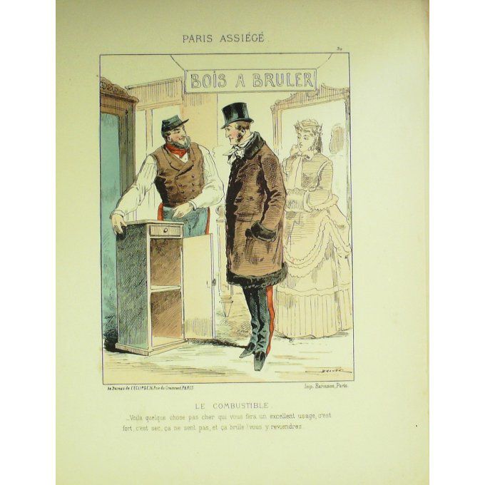 DRANER-LE COMBUSTIBLE-LITHO signée-PARIS ASSIEGE-1870