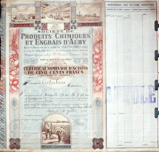 SOCIETE de PRODUITS CHIMIQUES et ENGRAIS d'AUBY (59)-ACTION-100 FR-1916