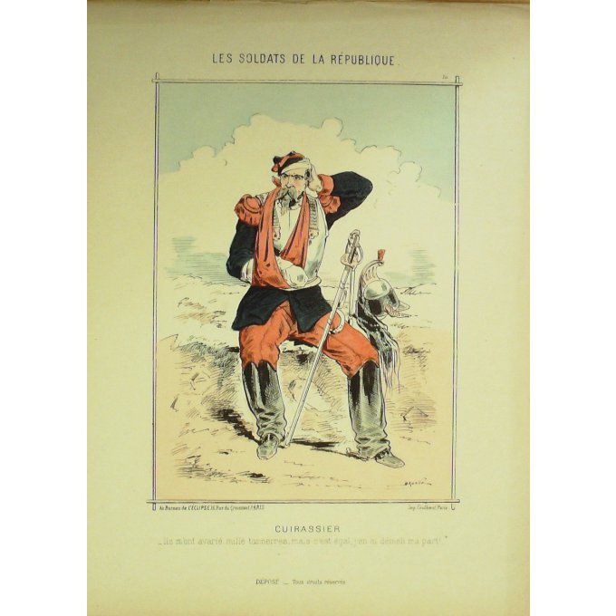 DRANER-CUIRASSIER-LITHO signée -SOLDATS d'la REPUBLIQUE-1870