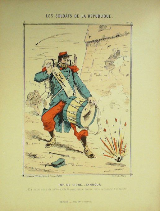 TAMBOUR D'INFANTERIE-LITHO signée DRANER-SOLDATS d'la REPUBLIQUE-1870-R22
