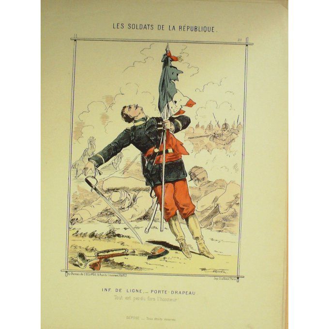 DRANER-PORTE DRAPEAU D'INFANTERIE-LITHO signée-SOLDATS d'la REPUBLIQUE-1870