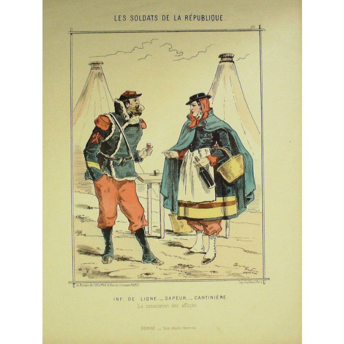 DRANER-SAPEUR, CANTINIERE-LITHO signée-SOLDATS d'la REPUBLIQUE-1870