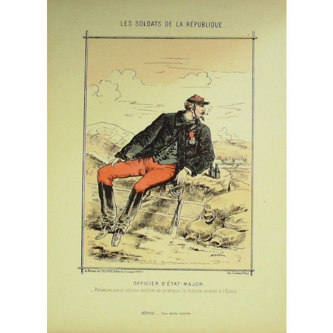 DRANER-OFFICIER D'ETAT MAJOR-LITHO signée-SOLDATS d'la REPUBLIQUE-1870