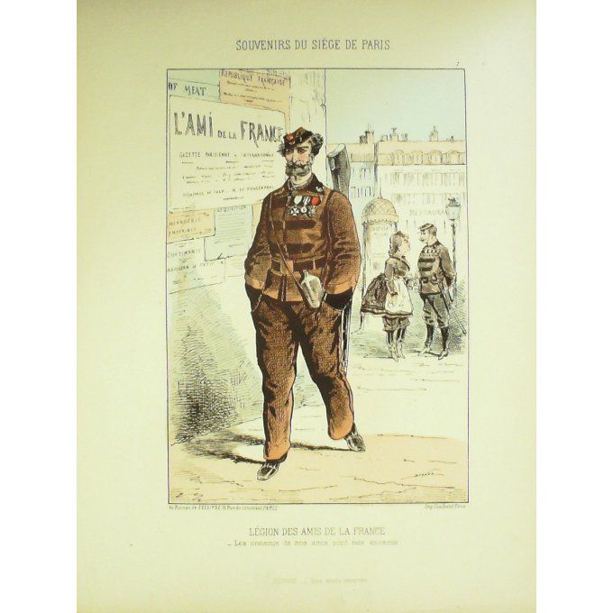 DRANER-LEGION des AMIS FRANCAIS-LITHO signée-SOUVENIRS du SIEGE de PARIS-1870