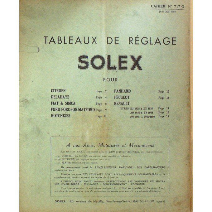 Solex carburateurs réglages" 1950 (Revue Technique)