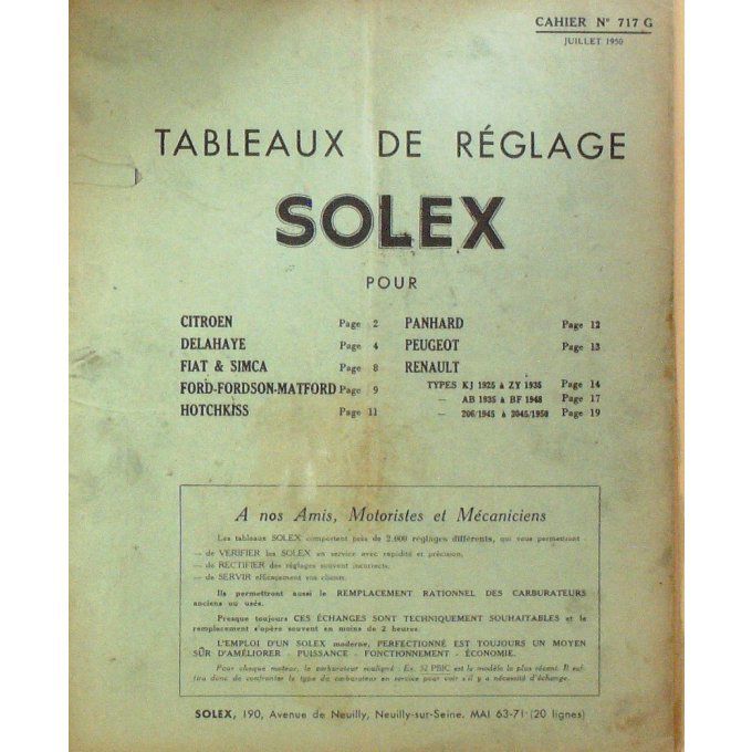 SOLEX CARBURATEURS réglages" 1950 (Revue Technique)