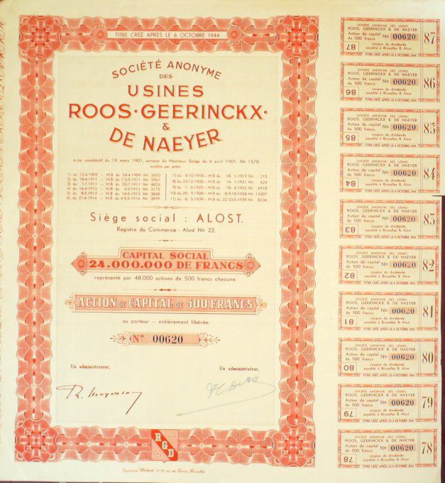 USINES ROOS GEERINCKX de NAEYER-ALOST-BELGIQUE-ACTION-500 FR-1901